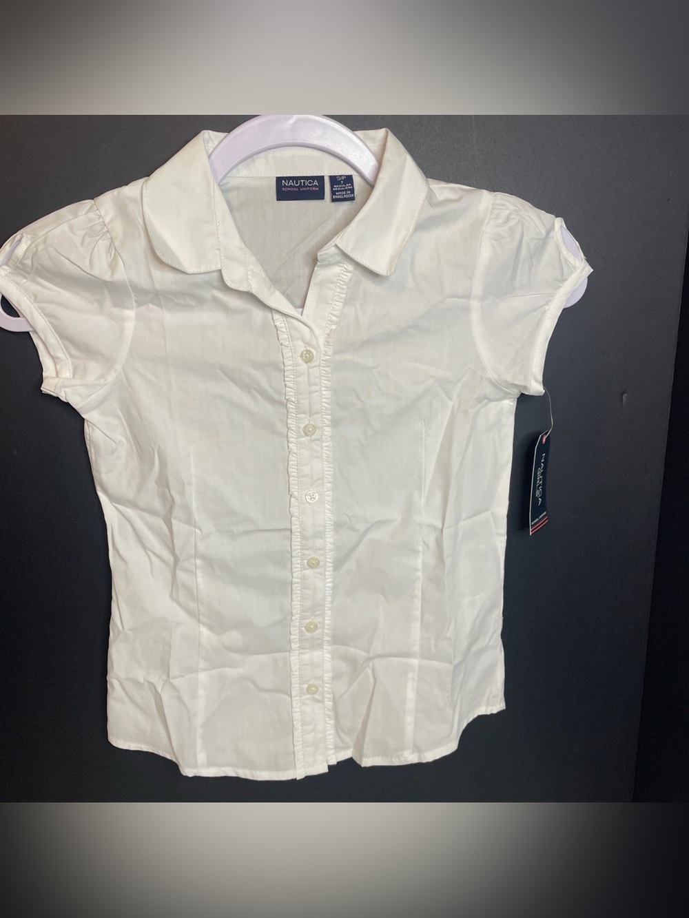 Nautica Girls Size 7 (S) White Short-Sleeve Blouse Ruffled Front Placket School